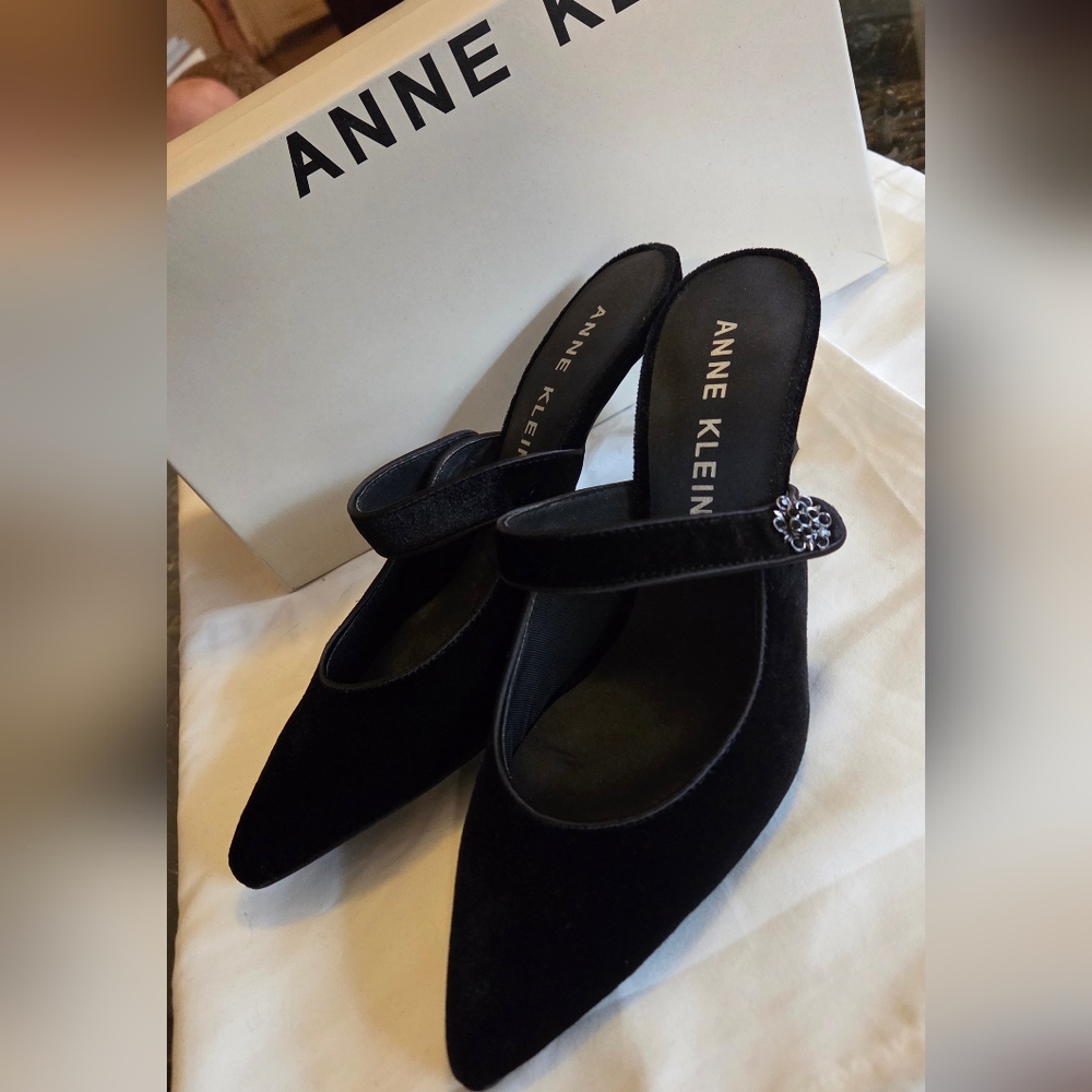 Anne Klein Black Velvet Mary-Jane Pointed Toe Mules